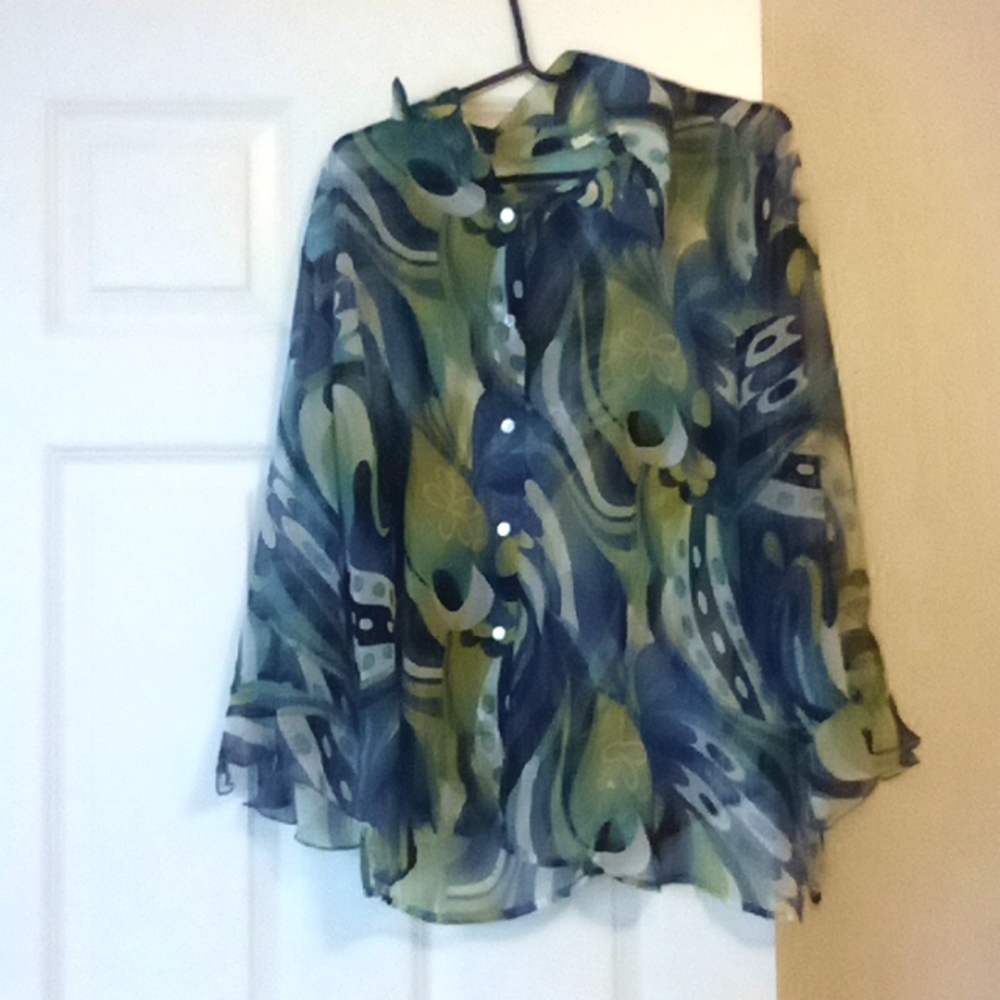 2x translucent 60's 70's 80's style blue multicolor flower shirt long sleeves